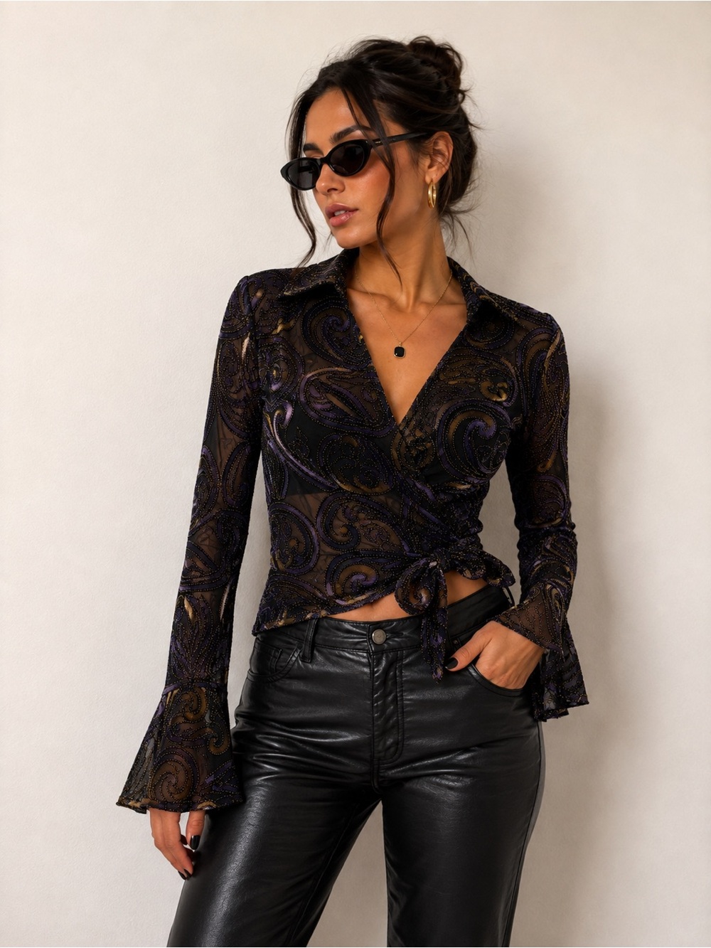 Silkland Silk Burnout Paisley Wrap Blouse Sheer Bell Sleeves M